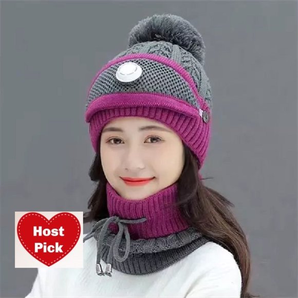 Pom Pom Beanie - Ski Cap Beanie + Neck Scarf + Mask combo - 3pc set - Picture 1 of 5